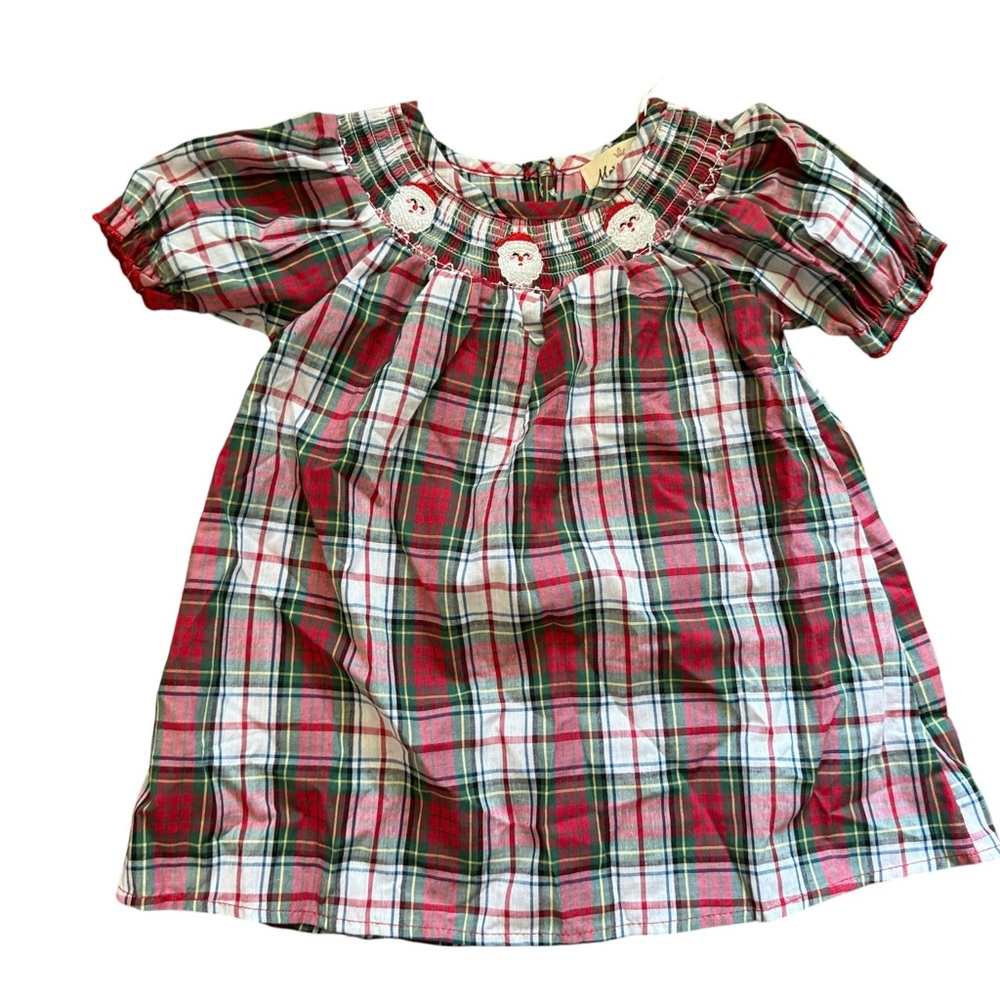 Marie Nicole Baby Girl Red & Green Plaid Smocked Santa Christmas Dress 12/18 mon